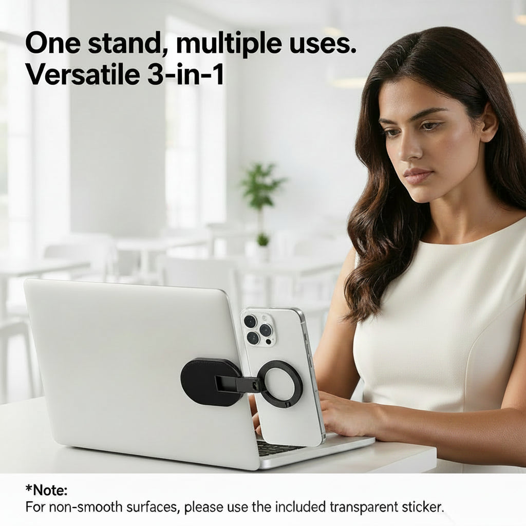 Woman using a versatile 3-in-1 stand with a laptop and phone on a table.